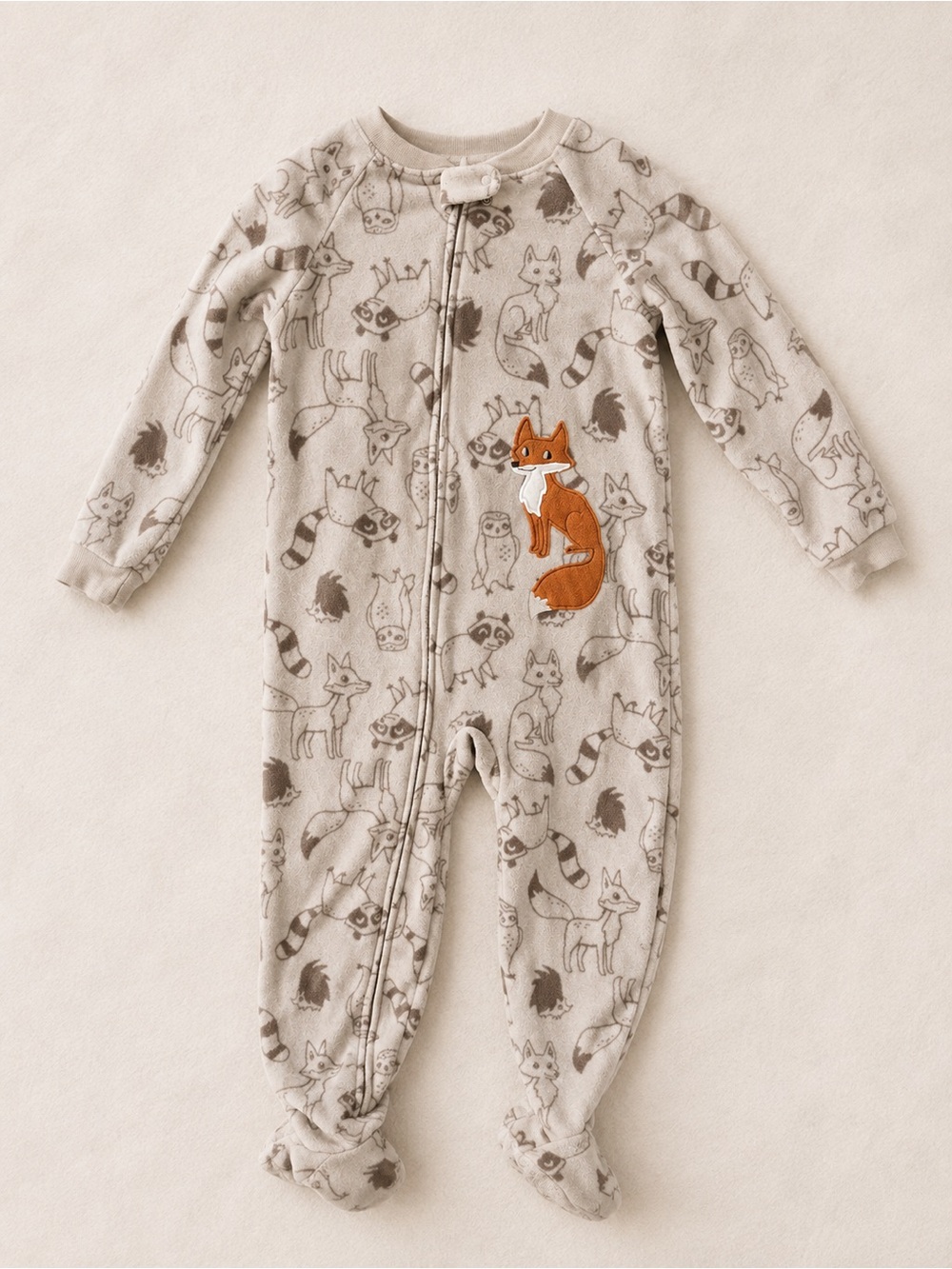 Carter’s Child of Mine 4T Oatmeal Fleece Fox One-Piece  Pyjamas / Woodland Print